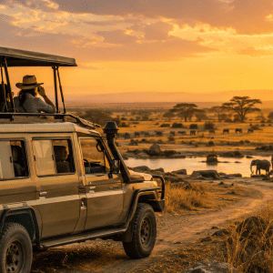 Johari Africa Adventures 4x4 safari jeep on safari with views of elephants and African suns book the best Kenya luxury safari tour packages from Nairobi Diani Mombasa Malindi and Watamu