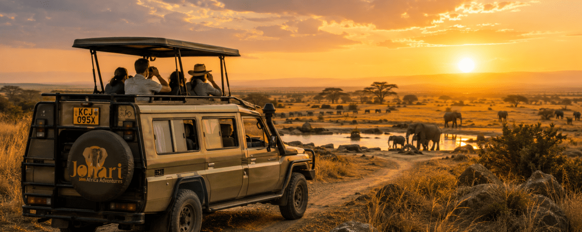 Johari Africa Adventures 4x4 safari jeep on safari with views of elephants and African suns book the best Kenya luxury safari tour packages from Nairobi Diani Mombasa Malindi and Watamu